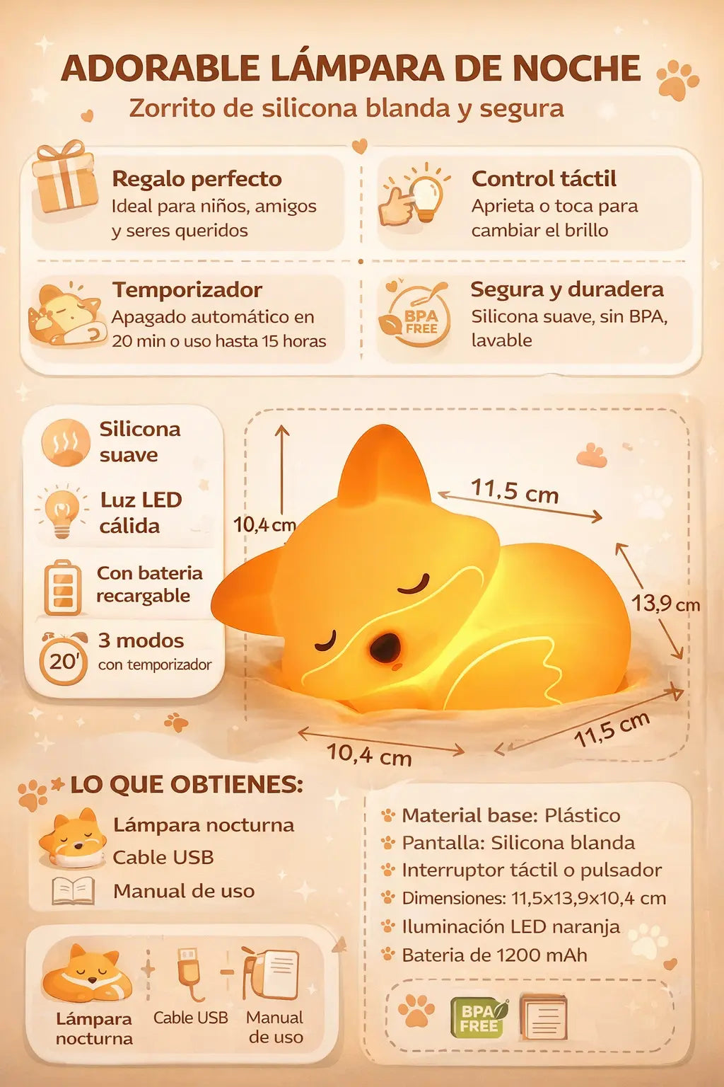 Lámpara Zorrito LED de Silicona Suave, Sensor Táctil y Recargable